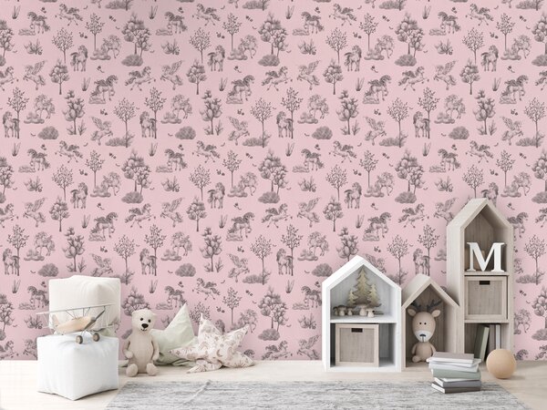 FUGU Dětská tapeta Jednorožci a stromy – Amazing Unicorns Black Pink Materiál: Digitální eko vlies - klasická tapeta nesamolepicí