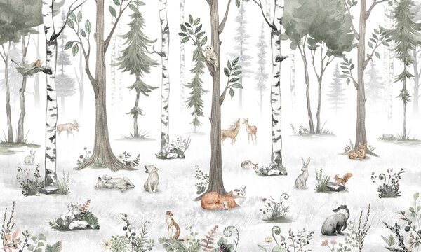 FUGU Dětská tapeta Světlý les se zvířátky – White Woodland Materiál: Digitální eko vlies - klasická tapeta nesamolepicí