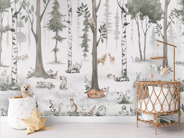FUGU Dětská tapeta Světlý les se zvířátky – White Woodland Materiál: Digitální eko vlies - klasická tapeta nesamolepicí