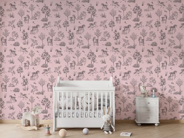 FUGU Dětská tapeta Jednorožci a stromy – Amazing Unicorns Black Pink Materiál: Digitální eko vlies - klasická tapeta nesamolepicí