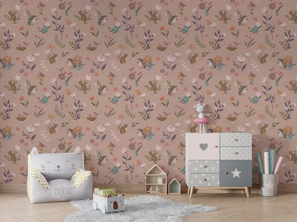 FUGU Designová tapeta Lesní zvířátka – Cute Forest Pink Materiál: Digitální eko vlies - klasická tapeta nesamolepicí