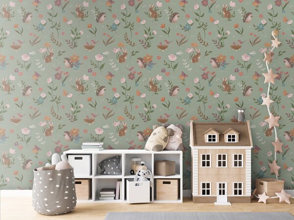 FUGU Dětská tapeta Lesní zvířátka – Cute Forest Green Materiál: Digitální eko vlies - klasická tapeta nesamolepicí