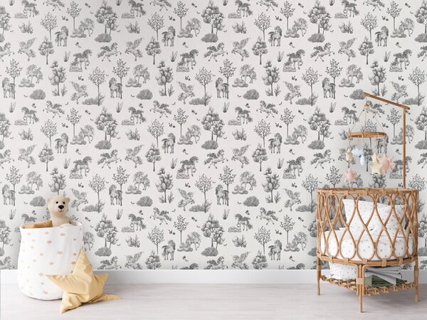FUGU Dětská tapeta Pohádkoví jednorožci – Amazing Unicorns Black-white Materiál: Digitální eko vlies - klasická tapeta nesamolepicí