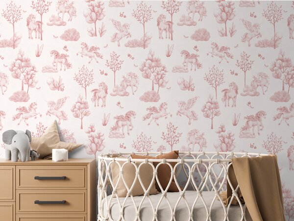 FUGU Dětská tapeta Jednorožci v kouzelném lese – Amazing Unicorns Pink-white Materiál: Digitální eko vlies - klasická tapeta nesamolepicí