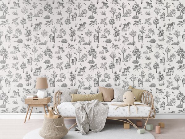 FUGU Dětská tapeta Pohádkoví jednorožci – Amazing Unicorns Black-white Materiál: Digitální eko vlies - klasická tapeta nesamolepicí