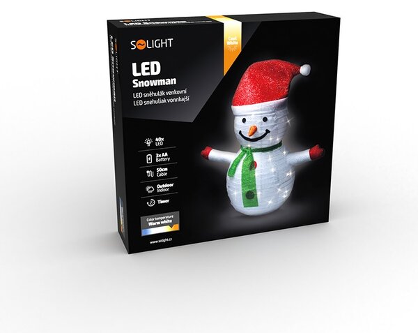 SOLIGHT LED sněhulák venkovní 40LED, teplá bílá, IP44, výška 70cm, 3x AA, časovač