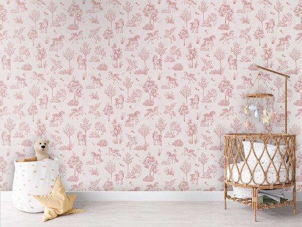 FUGU Dětská tapeta Jednorožci v kouzelném lese – Amazing Unicorns Pink-white Materiál: Digitální eko vlies - klasická tapeta nesamolepicí