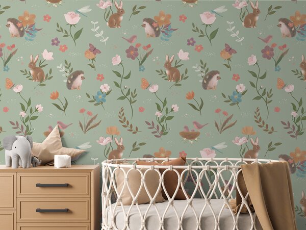 FUGU Dětská tapeta Lesní zvířátka – Cute Forest Green Materiál: Digitální eko vlies - klasická tapeta nesamolepicí