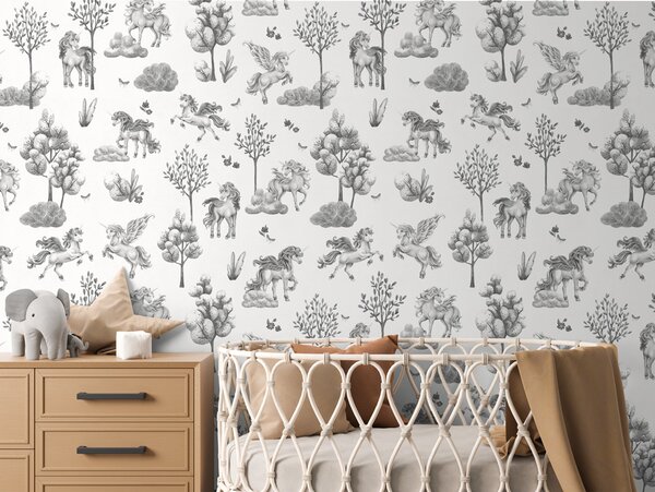 FUGU Dětská tapeta Pohádkoví jednorožci – Amazing Unicorns Black-white Materiál: Digitální eko vlies - klasická tapeta nesamolepicí