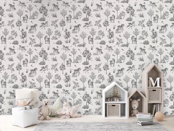 FUGU Dětská tapeta Pohádkoví jednorožci – Amazing Unicorns Black-white Materiál: Digitální eko vlies - klasická tapeta nesamolepicí