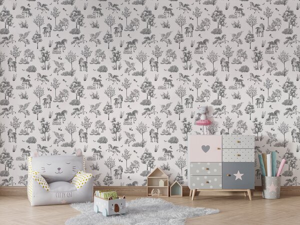 FUGU Dětská tapeta Pohádkoví jednorožci – Amazing Unicorns Black-white Materiál: Digitální eko vlies - klasická tapeta nesamolepicí