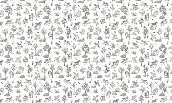 FUGU Dětská tapeta Pohádkoví jednorožci – Amazing Unicorns Black-white Materiál: Digitální eko vlies - klasická tapeta nesamolepicí