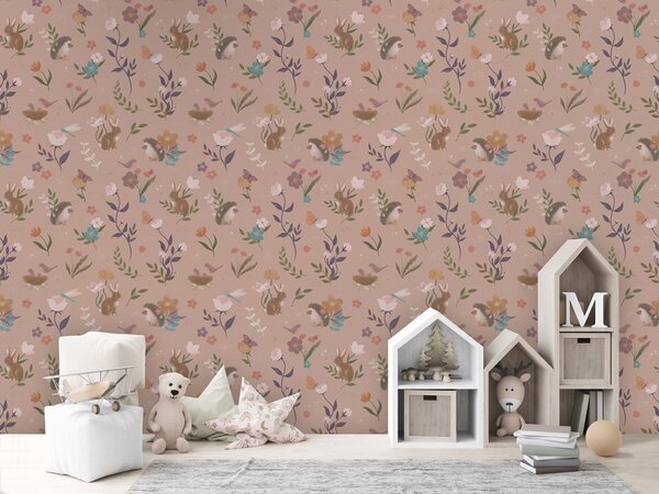 FUGU Designová tapeta Lesní zvířátka – Cute Forest Pink Materiál: Digitální eko vlies - klasická tapeta nesamolepicí