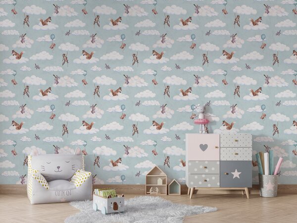 FUGU Tapeta do dětského pokoje Zvířátka v oblacích – Fun in the Clouds Materiál: Digitální eko vlies - klasická tapeta nesamolepicí