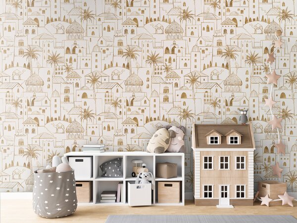FUGU Designová tapeta Pouštní město – Desert Stories - Gold-white Materiál: Digitální eko vlies - klasická tapeta nesamolepicí