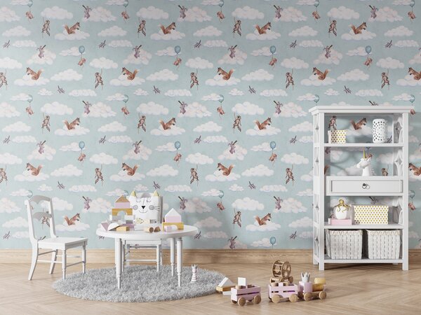 FUGU Tapeta do dětského pokoje Zvířátka v oblacích – Fun in the Clouds Materiál: Digitální eko vlies - klasická tapeta nesamolepicí