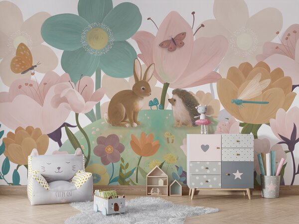 FUGU Dětská tapeta Květinový kopec se zvířátky – FLOWERY HILL Materiál: Digitální eko vlies - klasická tapeta nesamolepicí