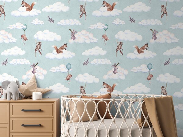 FUGU Tapeta do dětského pokoje Zvířátka v oblacích – Fun in the Clouds Materiál: Digitální eko vlies - klasická tapeta nesamolepicí