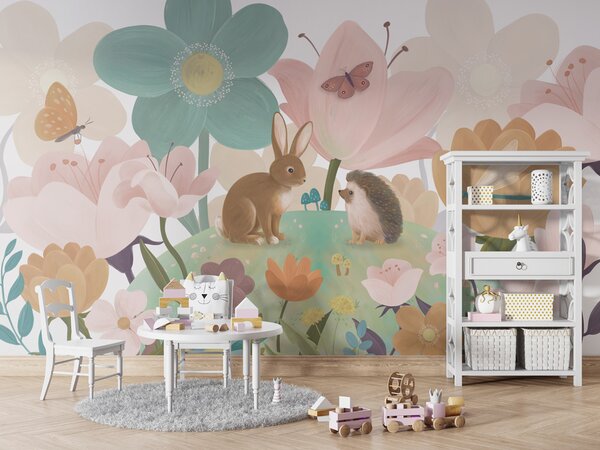 FUGU Dětská tapeta Květinový kopec se zvířátky – FLOWERY HILL Materiál: Digitální eko vlies - klasická tapeta nesamolepicí