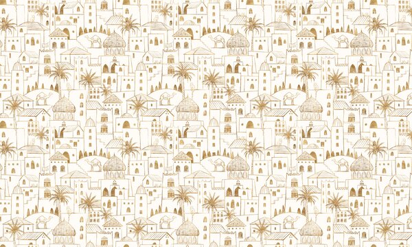 FUGU Designová tapeta Pouštní město – Desert Stories - Gold-white Materiál: Digitální eko vlies - klasická tapeta nesamolepicí