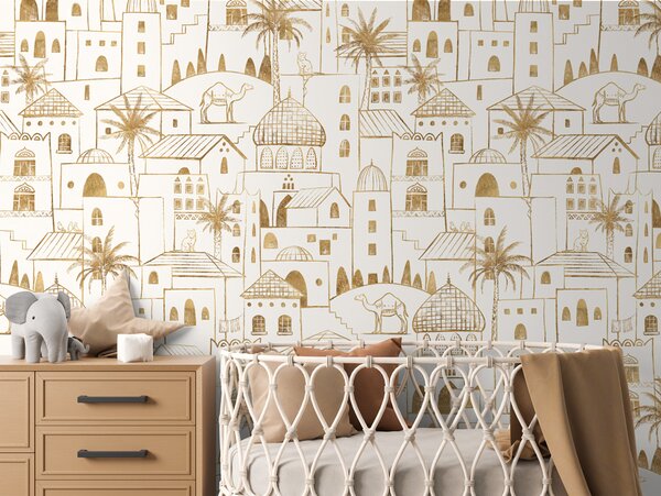 FUGU Designová tapeta Pouštní město – Desert Stories - Gold-white Materiál: Digitální eko vlies - klasická tapeta nesamolepicí
