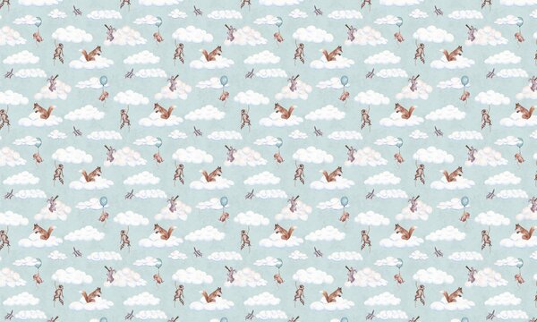 FUGU Tapeta do dětského pokoje Zvířátka v oblacích – Fun in the Clouds Materiál: Digitální eko vlies - klasická tapeta nesamolepicí
