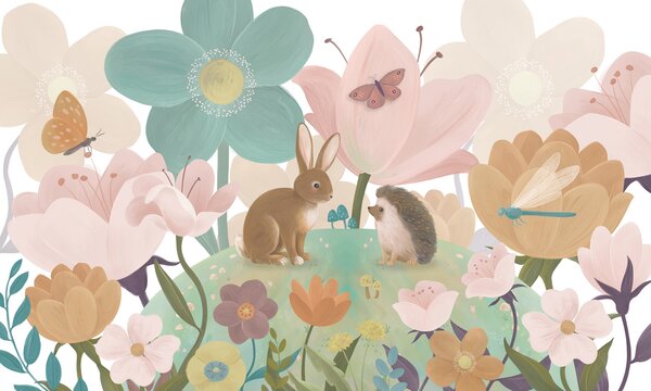 FUGU Dětská tapeta Květinový kopec se zvířátky – FLOWERY HILL Materiál: Digitální eko vlies - klasická tapeta nesamolepicí