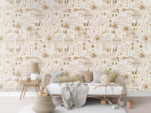 FUGU Designová tapeta Pouštní město – Desert Stories - Gold-white Materiál: Digitální eko vlies - klasická tapeta nesamolepicí
