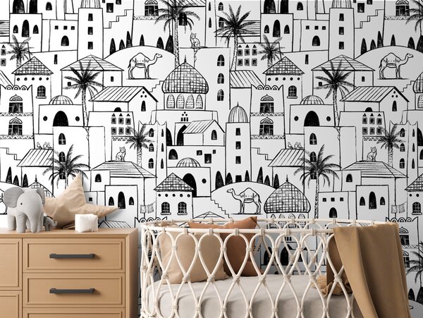 FUGU Tapeta pro děti Pouštní město – Desert Stories - Black-white Materiál: Digitální eko vlies - klasická tapeta nesamolepicí