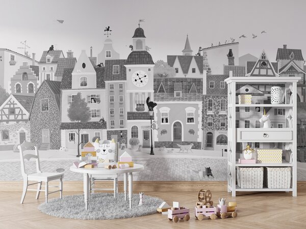 FUGU Designová tapeta Kočičí město – Village Cats - Black-White Materiál: Digitální eko vlies - klasická tapeta nesamolepicí