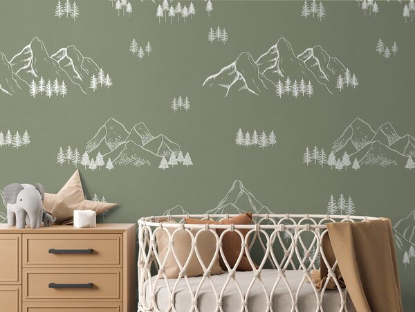 FUGU Tapeta pro děti Horské vrcholy – MOUNTAIN TOPS GREEN Materiál: Digitální eko vlies - klasická tapeta nesamolepicí