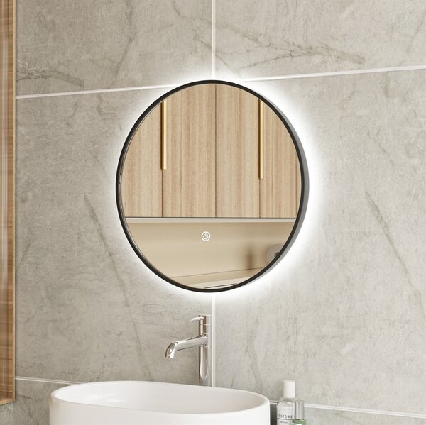 Erga Emma, ​​kulaté LED zrcadlo 50cm, černý kovový rám, 1150 lm, 6500K, zadní osvětlení, ERG-V01-201-5050-BK