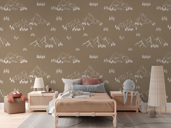 FUGU Dětská tapeta Hory a lesy – MOUNTAIN TOPS BROWN Materiál: Digitální eko vlies - klasická tapeta nesamolepicí