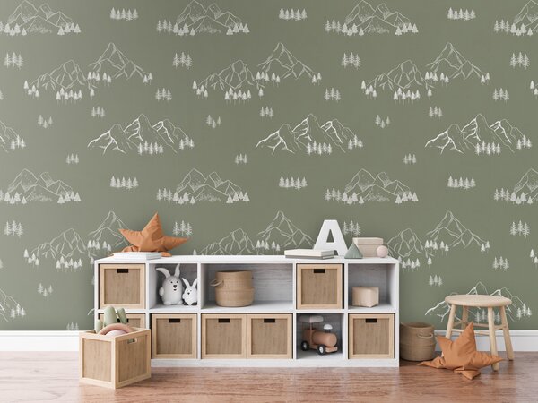 FUGU Tapeta pro děti Horské vrcholy – MOUNTAIN TOPS GREEN Materiál: Digitální eko vlies - klasická tapeta nesamolepicí