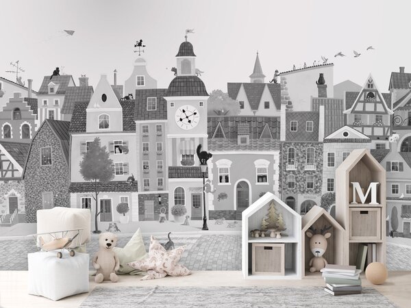 FUGU Designová tapeta Kočičí město – Village Cats - Black-White Materiál: Digitální eko vlies - klasická tapeta nesamolepicí
