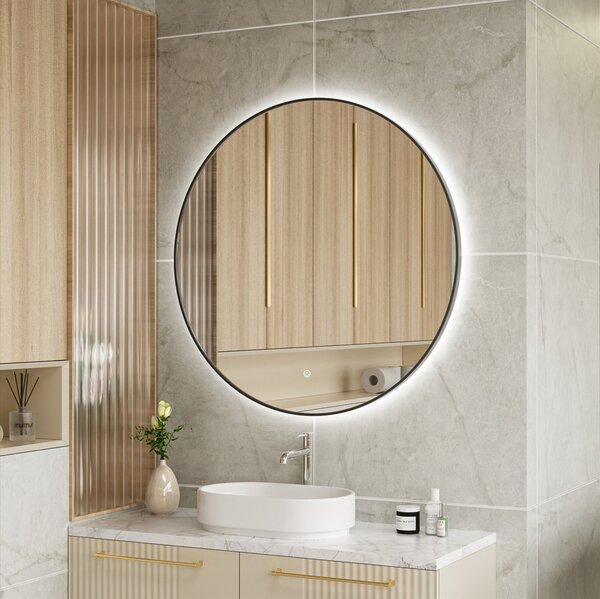Erga Emma, ​​kulaté LED zrcadlo 90cm, černý kovový rám, 2070 lm, 6500K, zadní osvětlení, ERG-V01-201-9090-BK
