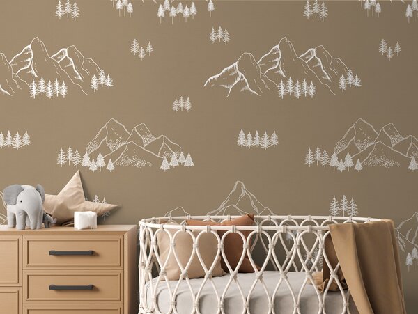 FUGU Dětská tapeta Hory a lesy – MOUNTAIN TOPS BROWN Materiál: Digitální eko vlies - klasická tapeta nesamolepicí