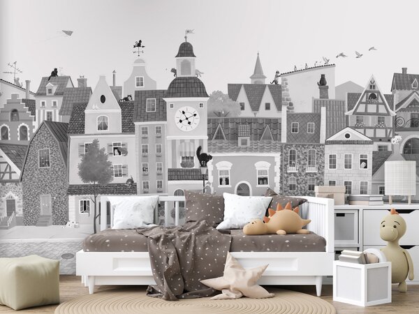 FUGU Designová tapeta Kočičí město – Village Cats - Black-White Materiál: Digitální eko vlies - klasická tapeta nesamolepicí