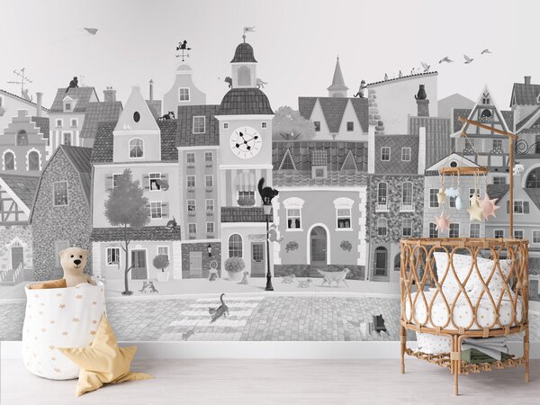 FUGU Designová tapeta Kočičí město – Village Cats - Black-White Materiál: Digitální eko vlies - klasická tapeta nesamolepicí