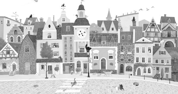 FUGU Designová tapeta Kočičí město – Village Cats - Black-White Materiál: Digitální eko vlies - klasická tapeta nesamolepicí