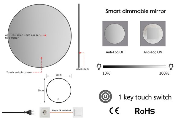 Erga Emma, ​​kulaté LED zrcadlo 50cm, černý kovový rám, 1150 lm, 6500K, zadní osvětlení, ERG-V01-201-5050-BK