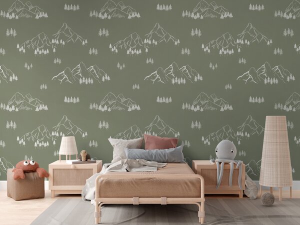 FUGU Tapeta pro děti Horské vrcholy – MOUNTAIN TOPS GREEN Materiál: Digitální eko vlies - klasická tapeta nesamolepicí