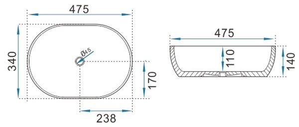 Erga Della, umyvadlo na desku 475x340x140 mm, bílá lesklá, ERG-V03-DELLA48-WH