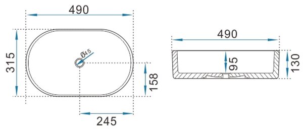 Erga Halle, umyvadlo na desku 490x315x130 mm, bílá lesklá, ERG-V03-HALLE49-WH