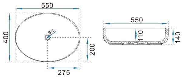 Erga Oval, umyvadlo na desku 550x400x140 mm, bílá lesklá, ERG-V03-OVAL55-WH