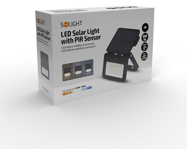 SOLIGHT LED solární osvětlení se senzorem 6W, 660lm, CCT, Li-Ion, černá