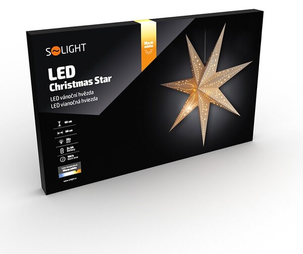 SOLIGHT LED vánoční bílá hvězda, závěsná, 60cm, 20x LED, časovač, 2x AA