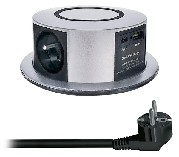 SOLIGHT 3z + USB A+C 20W PD, Wireless 10W, výsuvný blok zásuvek, 2m, stříbrný
