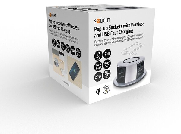 SOLIGHT 3z + USB A+C 20W PD, Wireless 10W, výsuvný blok zásuvek, 2m, stříbrný