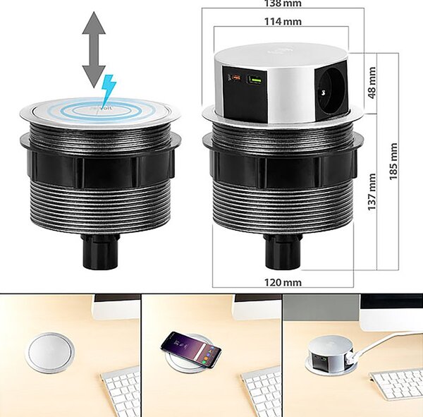 SOLIGHT 3z + USB A+C 20W PD, Wireless 10W, výsuvný blok zásuvek, 2m, stříbrný